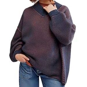 Free People Maisie Sweater Womans Large Oversized Blue Pink Chunky Boho Cozy.